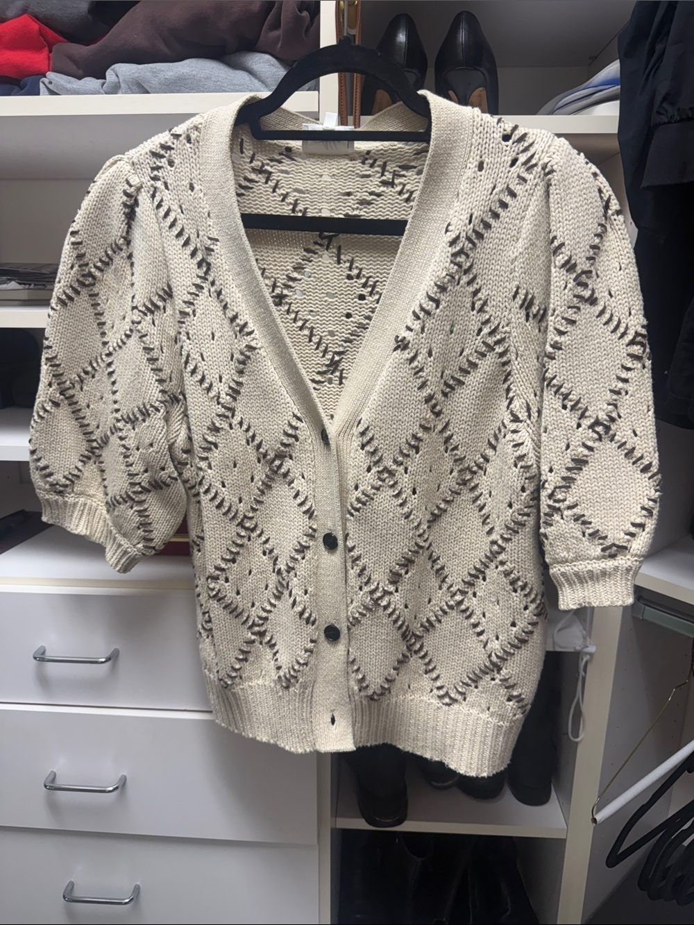 Able Cream Open-Weave Diamond Button Cardigan